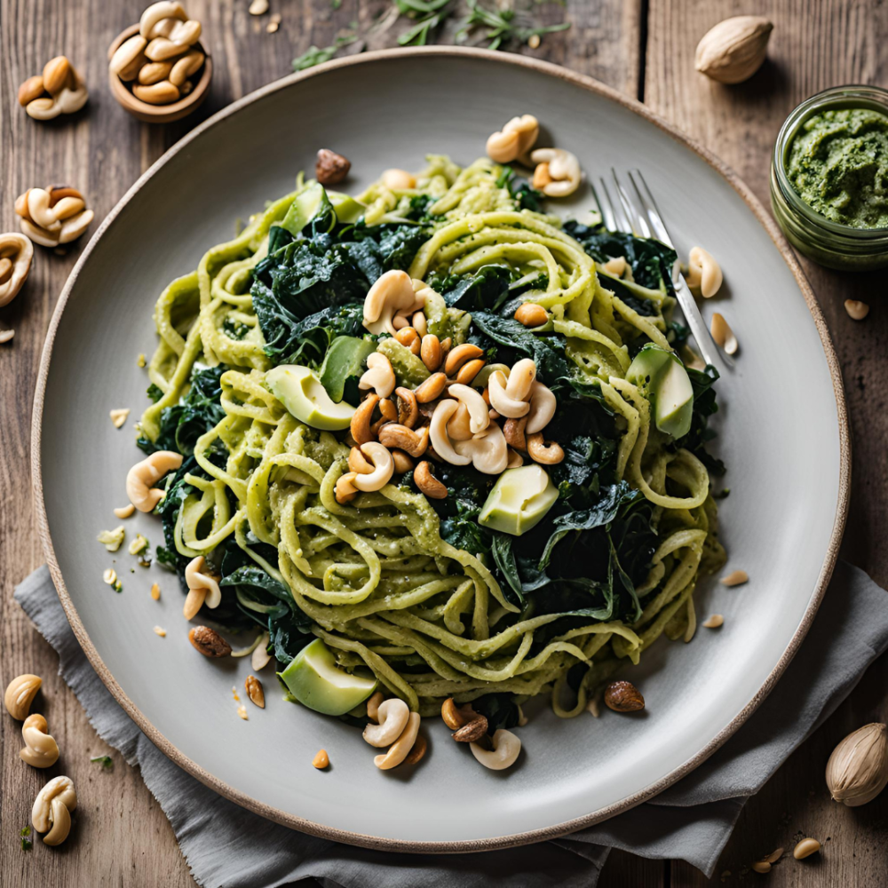 Trenette con pesto di cavolo nero, anacardi e avocado